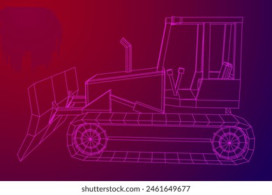 Big front-end loader bulldozer. Heavy equipment machine and manufacturing equipment for mining. Wireframe low poly mesh vector illustration.