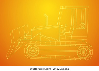 Big front-end loader bulldozer. Heavy equipment machine and manufacturing equipment for mining. Wireframe low poly mesh vector illustration.