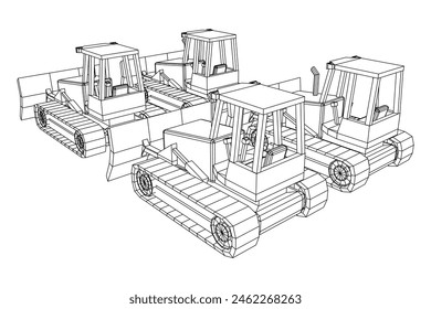 Big front-end loader bulldozer. Heavy equipment machine and manufacturing equipment for mining. Wireframe low poly mesh vector illustration.