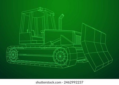 Big front-end loader bulldozer. Heavy equipment machine and manufacturing equipment for mining. Wireframe low poly mesh vector illustration.