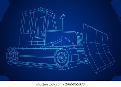 Big front-end loader bulldozer. Heavy equipment machine and manufacturing equipment for mining. Wireframe low poly mesh vector illustration.
