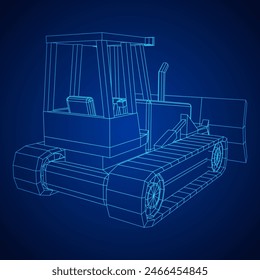 Big front-end loader bulldozer. Heavy equipment machine and manufacturing equipment for mining. Wireframe low poly mesh vector illustration.