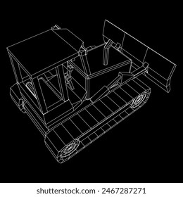 Big front-end loader bulldozer. Heavy equipment machine and manufacturing equipment for mining. Wireframe low poly mesh vector illustration.