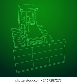 Big front-end loader bulldozer. Heavy equipment machine and manufacturing equipment for mining. Wireframe low poly mesh vector illustration.