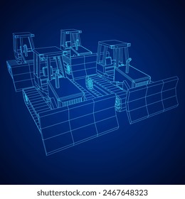 Big front-end loader bulldozer. Heavy equipment machine and manufacturing equipment for mining. Wireframe low poly mesh vector illustration.