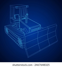 Big front-end loader bulldozer. Heavy equipment machine and manufacturing equipment for mining. Wireframe low poly mesh vector illustration.