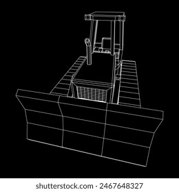 Big front-end loader bulldozer. Heavy equipment machine and manufacturing equipment for mining. Wireframe low poly mesh vector illustration.