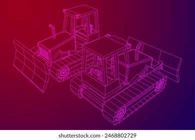 Gran bulldozer cargador frontal. Máquina de equipos pesados y equipos de fabricación para minería. Ilustración vectorial de malla de polietileno baja del alambre.