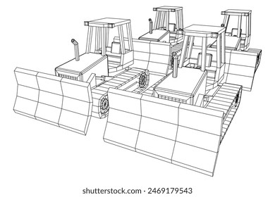 Big front-end loader bulldozer. Heavy equipment machine and manufacturing equipment for mining. Wireframe low poly mesh vector illustration.