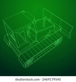 Big front-end loader bulldozer. Heavy equipment machine and manufacturing equipment for mining. Wireframe low poly mesh vector illustration.