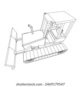 Big front-end loader bulldozer. Heavy equipment machine and manufacturing equipment for mining. Wireframe low poly mesh vector illustration.