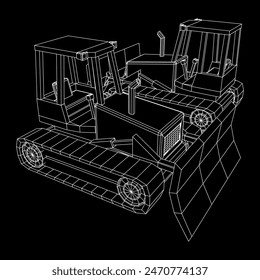 Big front-end loader bulldozer. Heavy equipment machine and manufacturing equipment for mining. Wireframe low poly mesh vector illustration.