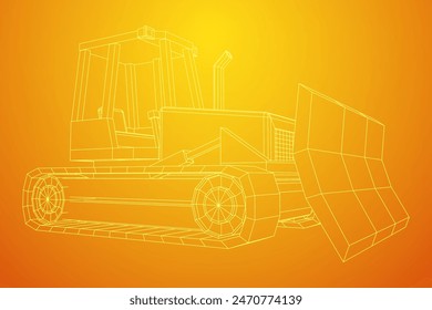 Big front-end loader bulldozer. Heavy equipment machine and manufacturing equipment for mining. Wireframe low poly mesh vector illustration.