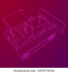 Big front-end loader bulldozer. Heavy equipment machine and manufacturing equipment for mining. Wireframe low poly mesh vector illustration.