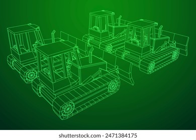 Big front-end loader bulldozer. Heavy equipment machine and manufacturing equipment for mining. Wireframe low poly mesh vector illustration.