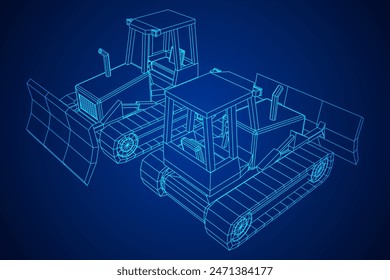 Big front-end loader bulldozer. Heavy equipment machine and manufacturing equipment for mining. Wireframe low poly mesh vector illustration.