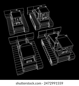 Big front-end loader bulldozer. Heavy equipment machine and manufacturing equipment for mining. Wireframe low poly mesh vector illustration.