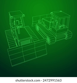 Big front-end loader bulldozer. Heavy equipment machine and manufacturing equipment for mining. Wireframe low poly mesh vector illustration.