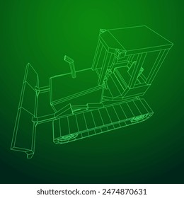 Big front-end loader bulldozer. Heavy equipment machine and manufacturing equipment for mining. Wireframe low poly mesh vector illustration.