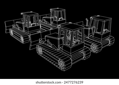 Big front-end loader bulldozer. Heavy equipment machine and manufacturing equipment for mining. Wireframe low poly mesh vector illustration.