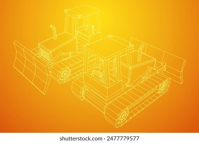 Big front-end loader bulldozer. Heavy equipment machine and manufacturing equipment for mining. Wireframe low poly mesh vector illustration.