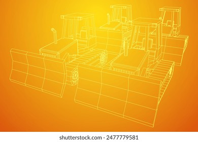 Big front-end loader bulldozer. Heavy equipment machine and manufacturing equipment for mining. Wireframe low poly mesh vector illustration.