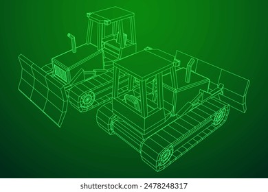 Big front-end loader bulldozer. Heavy equipment machine and manufacturing equipment for mining. Wireframe low poly mesh vector illustration.