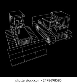 Big front-end loader bulldozer. Heavy equipment machine and manufacturing equipment for mining. Wireframe low poly mesh vector illustration.