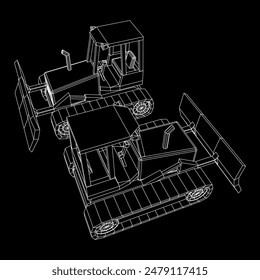 Big front-end loader bulldozer. Heavy equipment machine and manufacturing equipment for mining. Wireframe low poly mesh vector illustration.