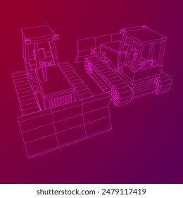 Big front-end loader bulldozer. Heavy equipment machine and manufacturing equipment for mining. Wireframe low poly mesh vector illustration.