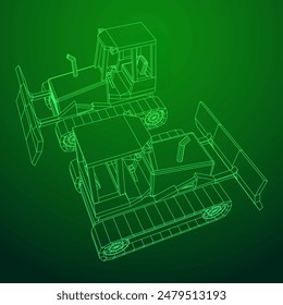 Big front-end loader bulldozer. Heavy equipment machine and manufacturing equipment for mining. Wireframe low poly mesh vector illustration.