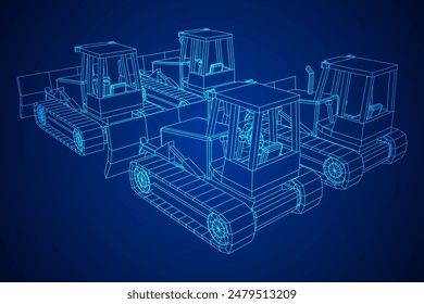 Big front-end loader bulldozer. Heavy equipment machine and manufacturing equipment for mining. Wireframe low poly mesh vector illustration.