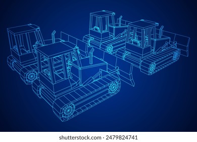 Big front-end loader bulldozer. Heavy equipment machine and manufacturing equipment for mining. Wireframe low poly mesh vector illustration.