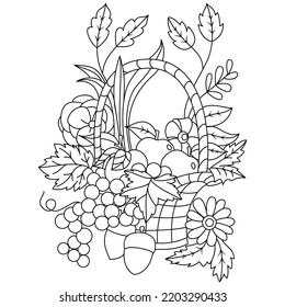  A Big Fruit Basket Full Of Seasonal Fruits Flowers Autumn Fall Season Coloring Illustration Pages