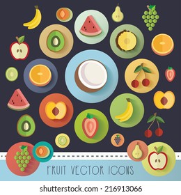 big fruit icon vector illustration collection in modern flat design style- colorful healthy organic food icons for websites