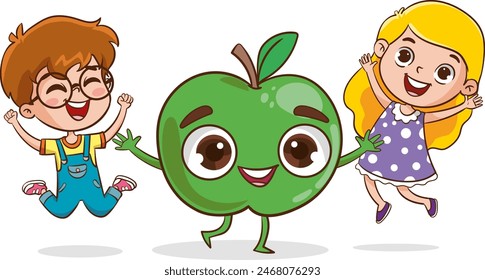 Big fruits and children. Cute little kids having fun and playing with big fruits. Funny cartoon character. Vector illustration. Isolated on white background