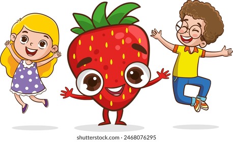 Big fruits and children. Cute little kids having fun and playing with big fruits. Funny cartoon character. Vector illustration. Isolated on white background