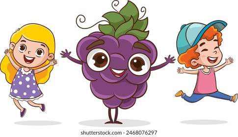 Big fruits and children. Cute little kids having fun and playing with big fruits. Funny cartoon character. Vector illustration. Isolated on white background