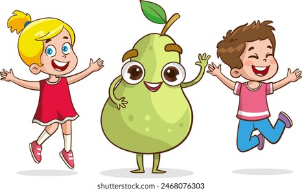 Big fruits and children. Cute little kids having fun and playing with big fruits. Funny cartoon character. Vector illustration. Isolated on white background