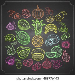 Big fruits collection. Pineapple, bananas, pumpkin, mango, passion, papaya, apple, melon, avocado, fig, kiwi, apricot, garnet, peach, plum, lychee and oth. Outline chalk pained on chalkboard vector.