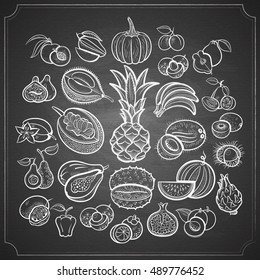 Big fruits collection. Pineapple, bananas, pumpkin, mango, passion, papaya, apple, melon, avocado, fig, kiwi, apricot, garnet, peach, plum, lychee and oth. Outline chalk pained on chalkboard vector.