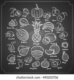 Big fruits collection. Pineapple, bananas, pumpkin, mango, passion, papaya, apple, melon, avocado, fig, kiwi, apricot, garnet, peach, plum, lychee and oth. Outline chalk pained on chalkboard vector.