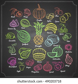 Big fruits collection. Pineapple, bananas, pumpkin, mango, passion, papaya, apple, melon, avocado, fig, kiwi, apricot, garnet, peach, plum, lychee and oth. Outline chalk pained on chalkboard vector.