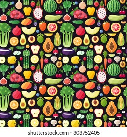 Grandes frutas y verduras sin fisuras, patrón vectorial. Diseño moderno y plano. Papel para envolver de comida saludable.