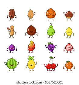 Big fruts and nuts set. Funny fruts face isolated on white background. Healthy fruit doodle illustration. Happy food characters. Food sticker set. Nuts set