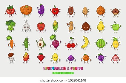 Big fruts and vegetable nuts set. Illustration fruts and vegetable. Funny vegetable face isolated on white background. Healthy fruit doodle illustration. Happy food characters. Food sticker set