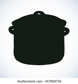 Big fryer isolated on white backdrop. Black ink hand drawn picture sketchy in art vintage engraving style. View closeup with space for text
