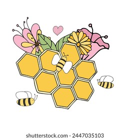 Big full honeycombs with bees, flowers. Natural bee products. Healthy food. Colored doodle illustration isolated on white background. Hand drawn sketch in bright colors. Cute kids illustration.