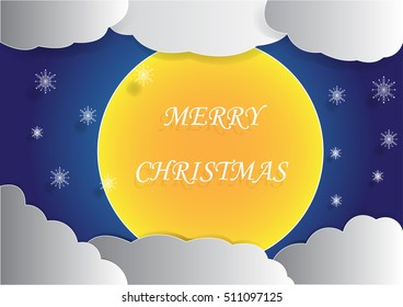 big full moon and cloud background in the night sky with merry christmas word, christmas background, vector, copy space for text, illustration, paper art and origami style