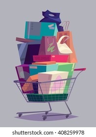 Big full shopping cart. Vector illustration.